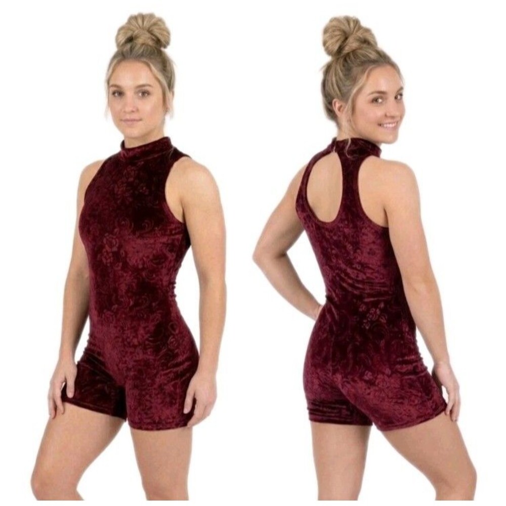 Body Wrappers VTG Embossed Rose Velvet Keyhole High Neck Biketard Preteen AXS AS